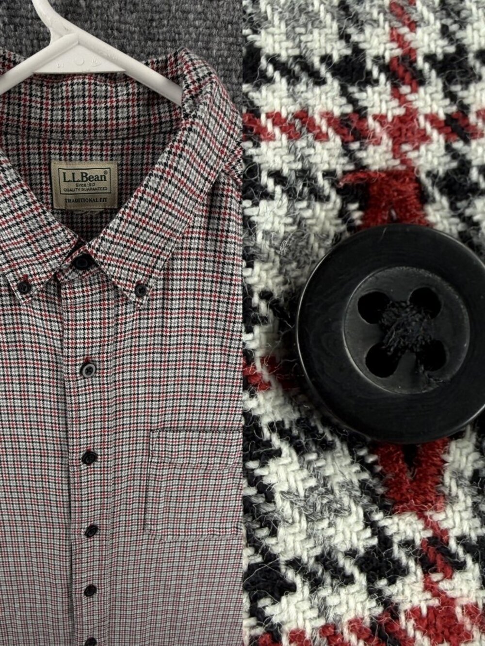 LL Bean Soft Flannel Button Up Shirt Houndstooth Red Gray Traditional Fit ~XL